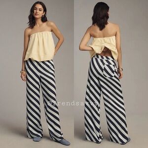 Anthropologie Brooklin Blue White Stripe Wide Leg Pull On Pants Medium Coastal